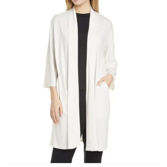 Eileen Fisher M Tencel Lyocell Cardigan Open Front In Bone with Pockets - Picture 1 of 8